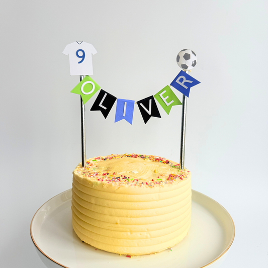 Personalised blue green white football soccer dark t shirt themed birthday cake topper product photo