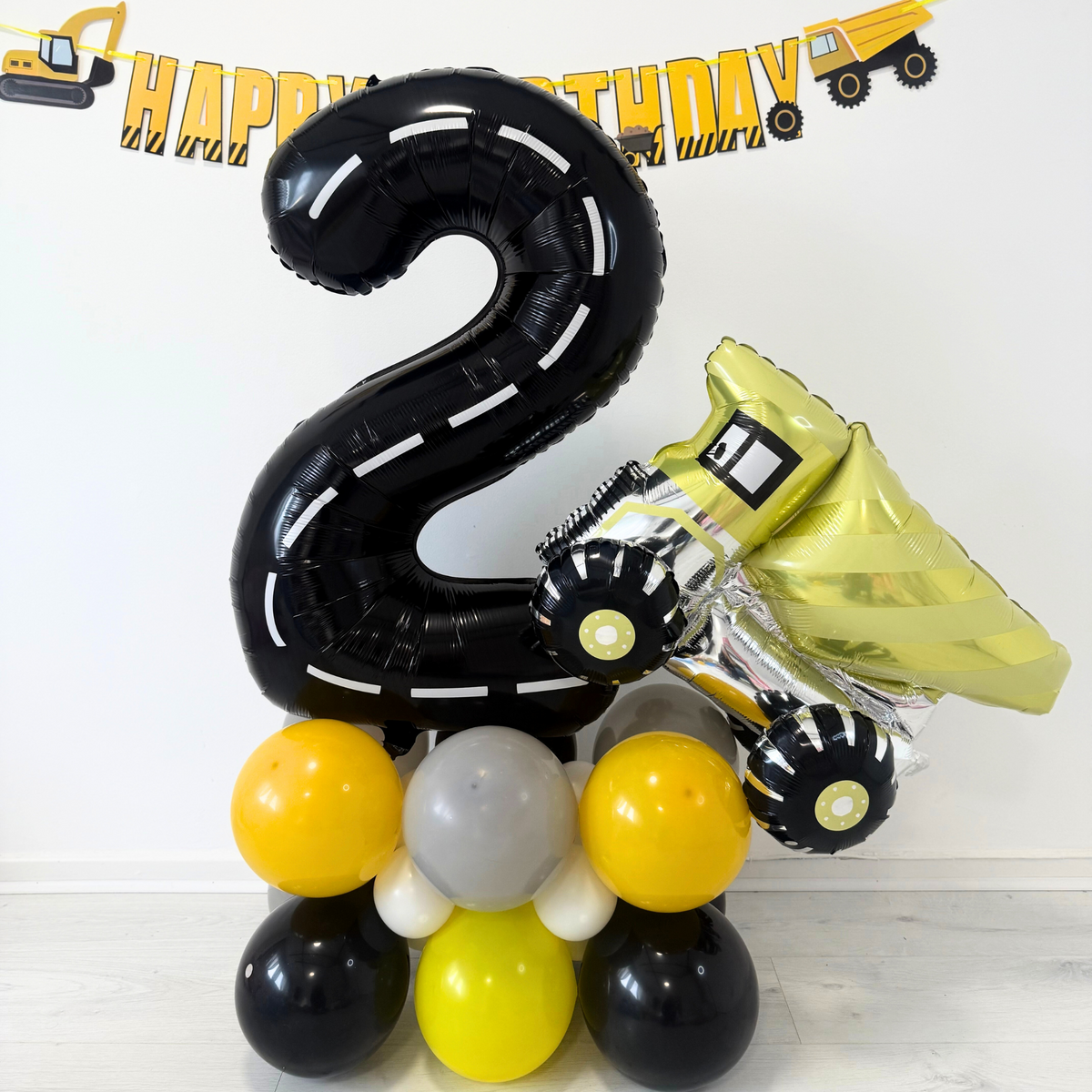 Personalised black yellow Car Vehicle diggers Birthday Balloon Bouquet stand product photo 2