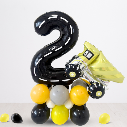 Personalised black yellow Car Vehicle diggers Birthday Balloon Bouquet stand product photo