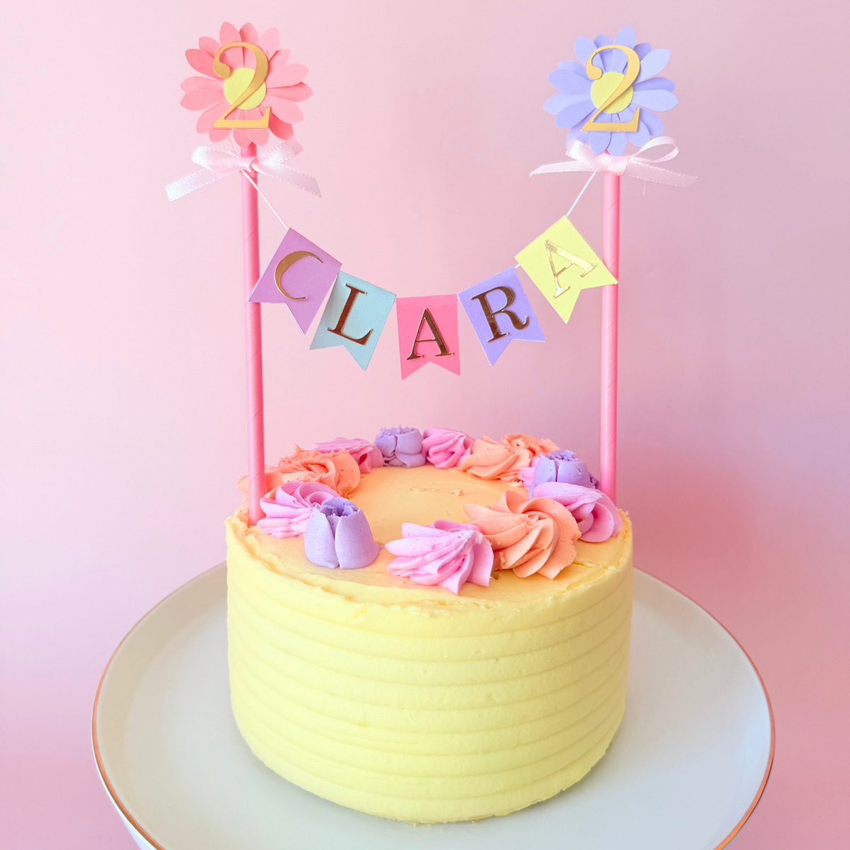 Personalised handmade pink lavender daisy birthday cake topper product photo