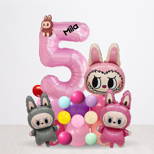 Personalised DIY labubu influenced style themed balloon sculpture stack stand product photo