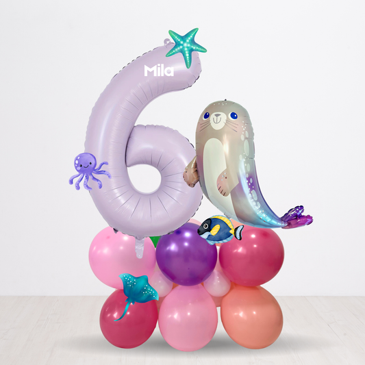 Personalised DIY sea themed sea lion seal balloon sculpture green birthday stack stand product photo
