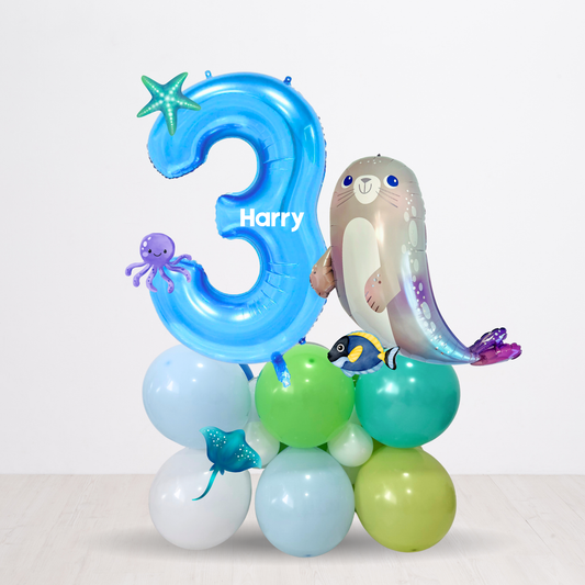 Personalised DIY sea themed seal sea lion green balloon sculpture birthday stack stand product photo