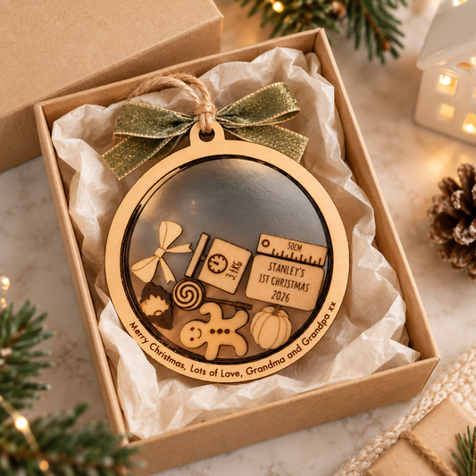Personalised first Christmas wooden shaker bauble in kraft gift box with movable charms name weight height and rim message