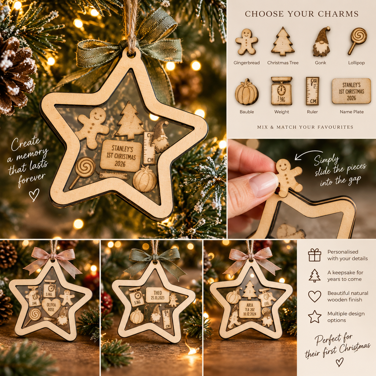 Personalised first Christmas wooden star shaker bauble with movable charms name plate weight and ribbon on Christmas tree