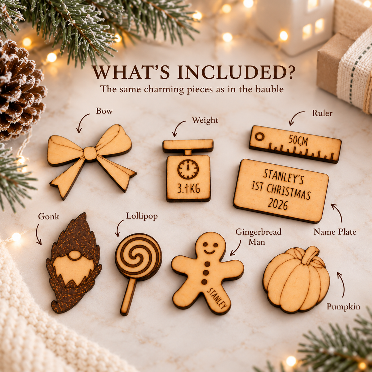 What's included wooden charms for first Christmas shaker bauble bow weight scales ruler name plate gonk lollipop gingerbread pumpkin