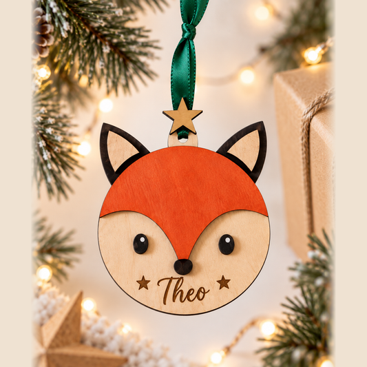 Personalised fox Christmas bauble wooden engraved name ornament