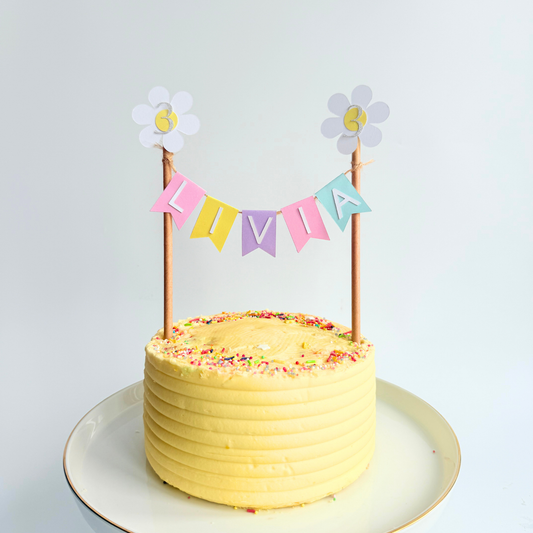 Personalised handmade natural white yellow daisy flowers birthday cake topper product photo