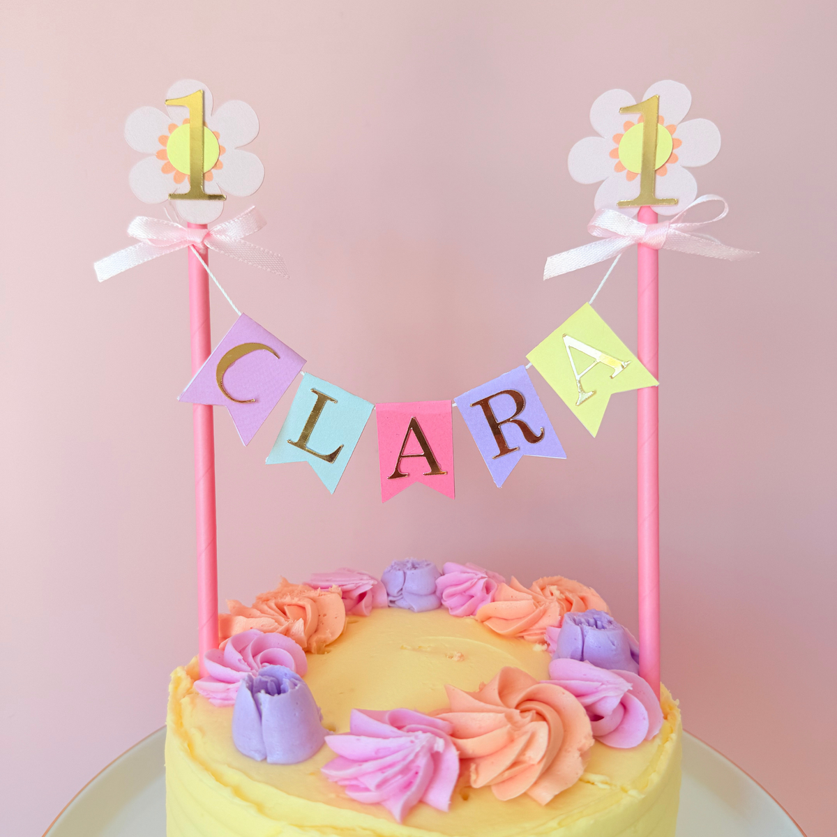 Personalised handmade pink daisy flowers birthday cake topper product photo 3