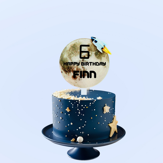 Personalised moon space rocket Cake Topper birthday decor 10cm product photo