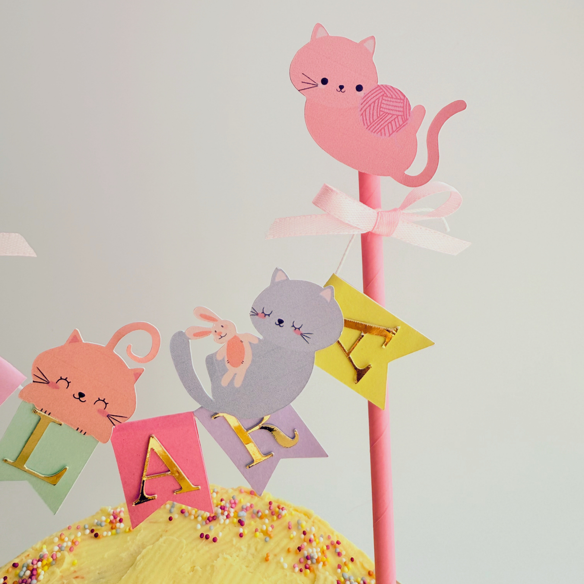 Personalised pastel rainbow cats birthday cake topper product photo 2