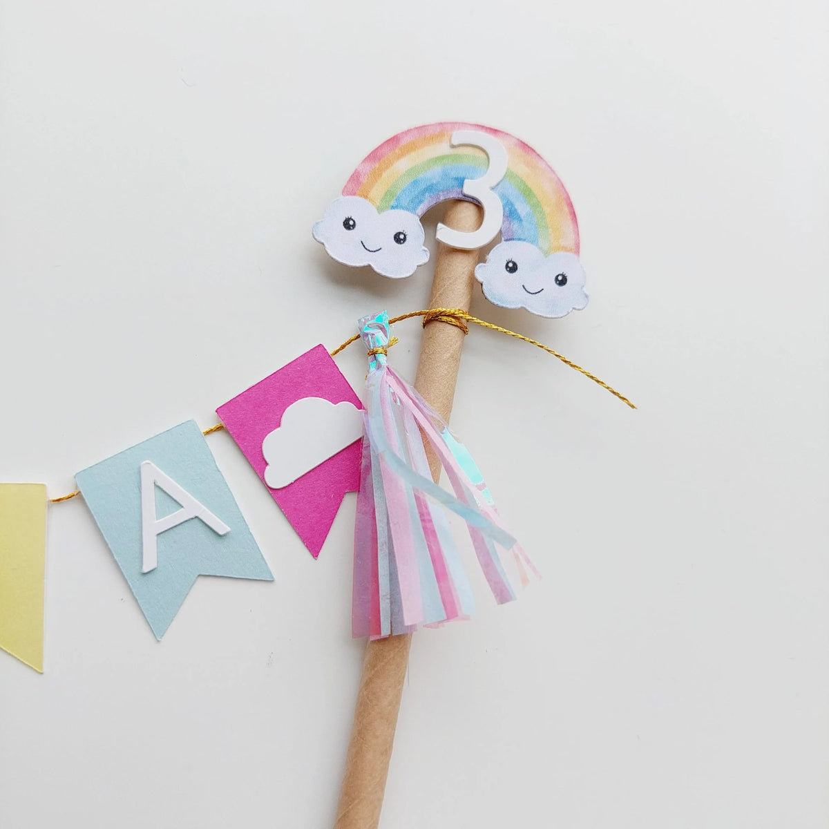 Personalised Pastel rainbow bunting banner tassel balloons cake topper product photo 3