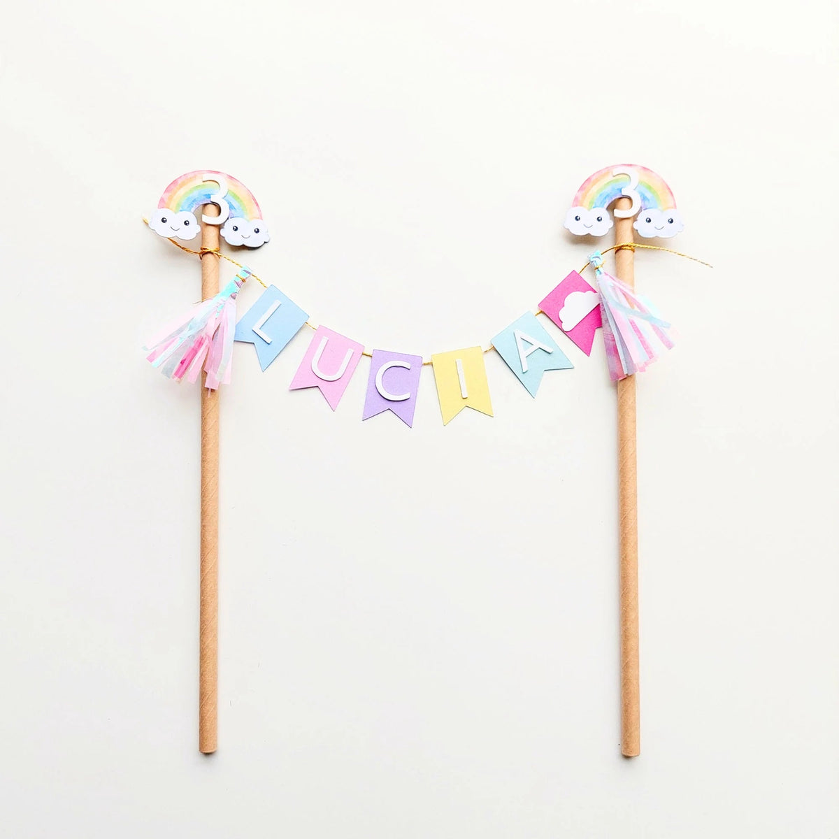 Personalised Pastel rainbow bunting banner tassel balloons cake topper product photo 4