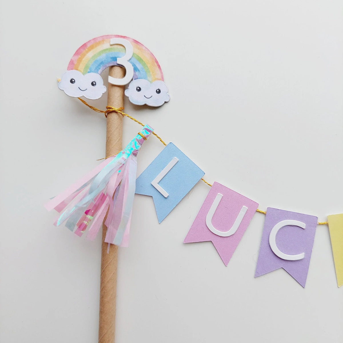 Personalised Pastel rainbow bunting banner tassel balloons cake topper product photo 5