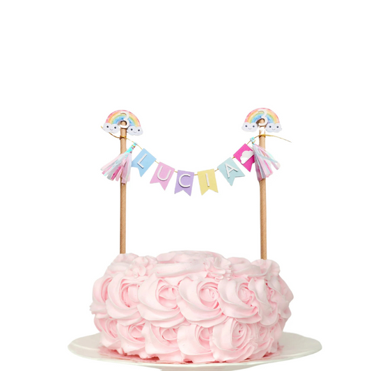 Personalised Pastel rainbow bunting banner tassel balloons cake topper product photo