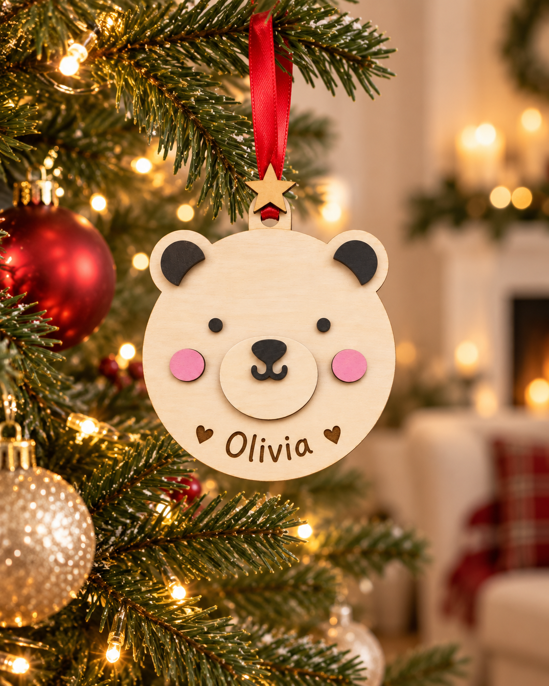 Personalised polar bear Christmas bauble hanging on Christmas tree