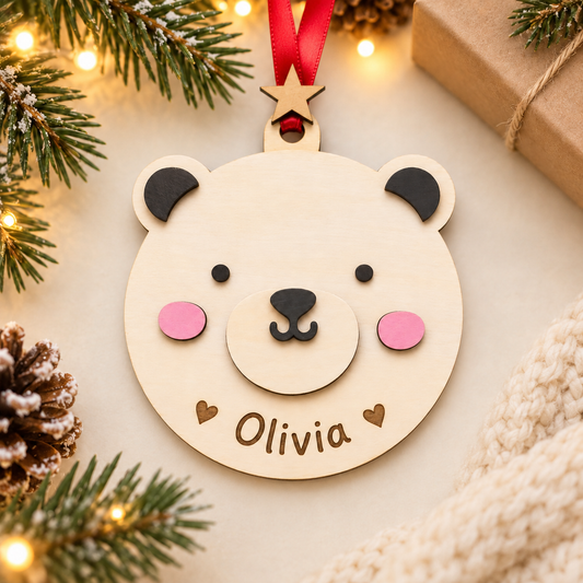 Personalised polar bear Christmas bauble wooden engraved name ornament