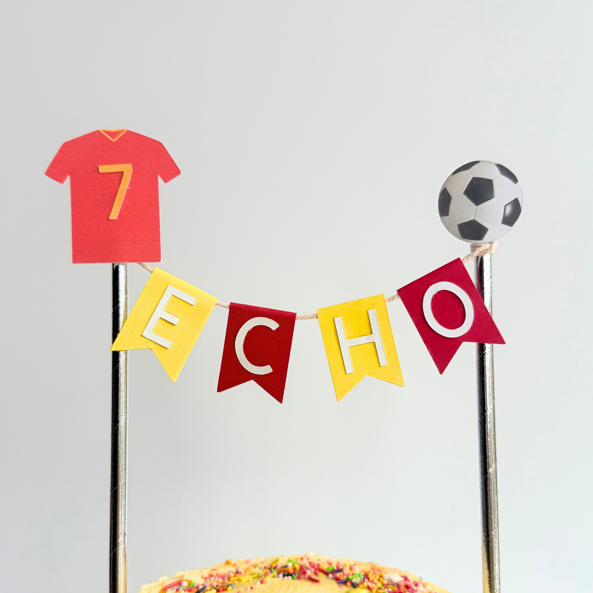 Personalised red and yellow football soccer t shirt themed birthday cake topper product photo 2