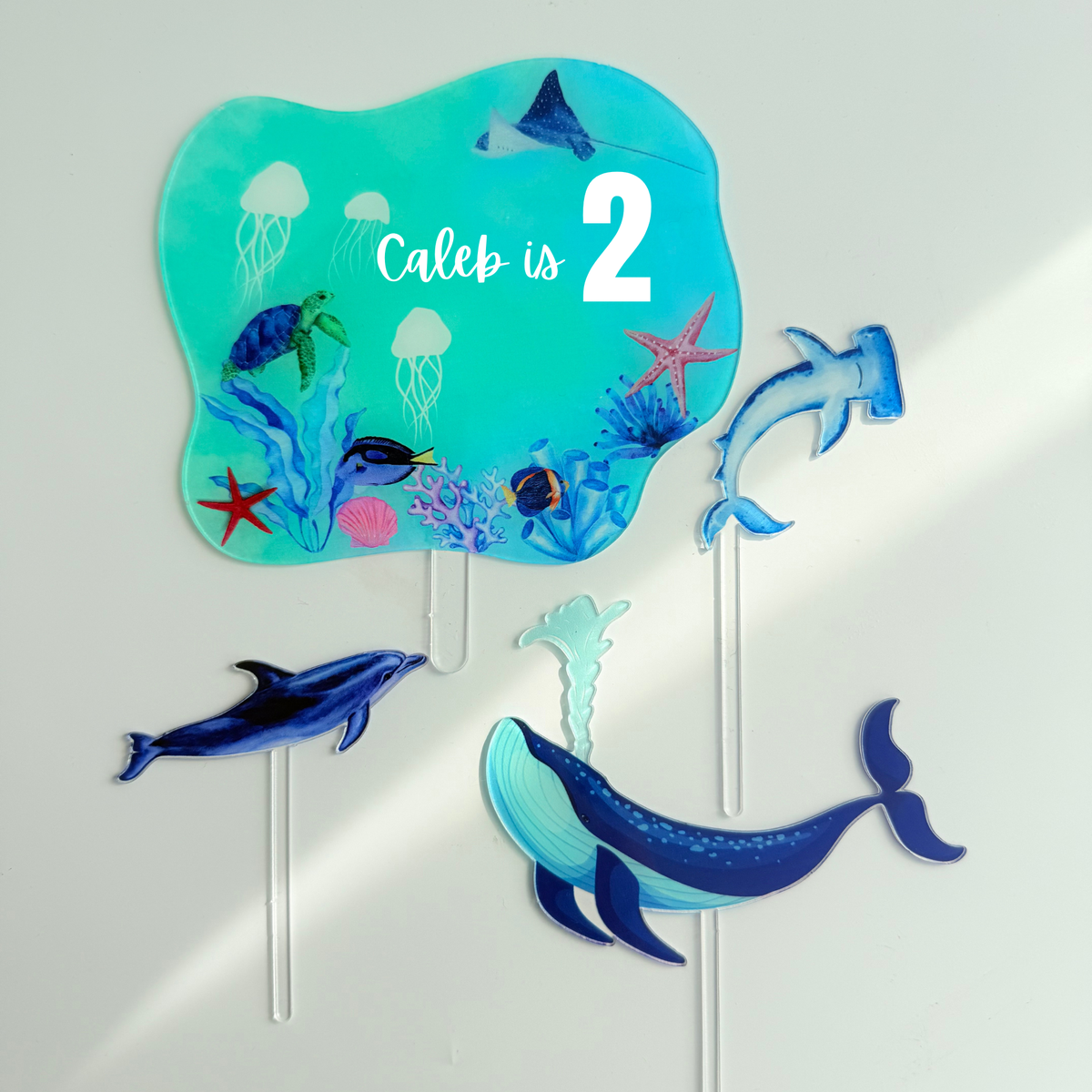 Personalised under the Sea World fish shark whale Acrylic cake topper product photo 3