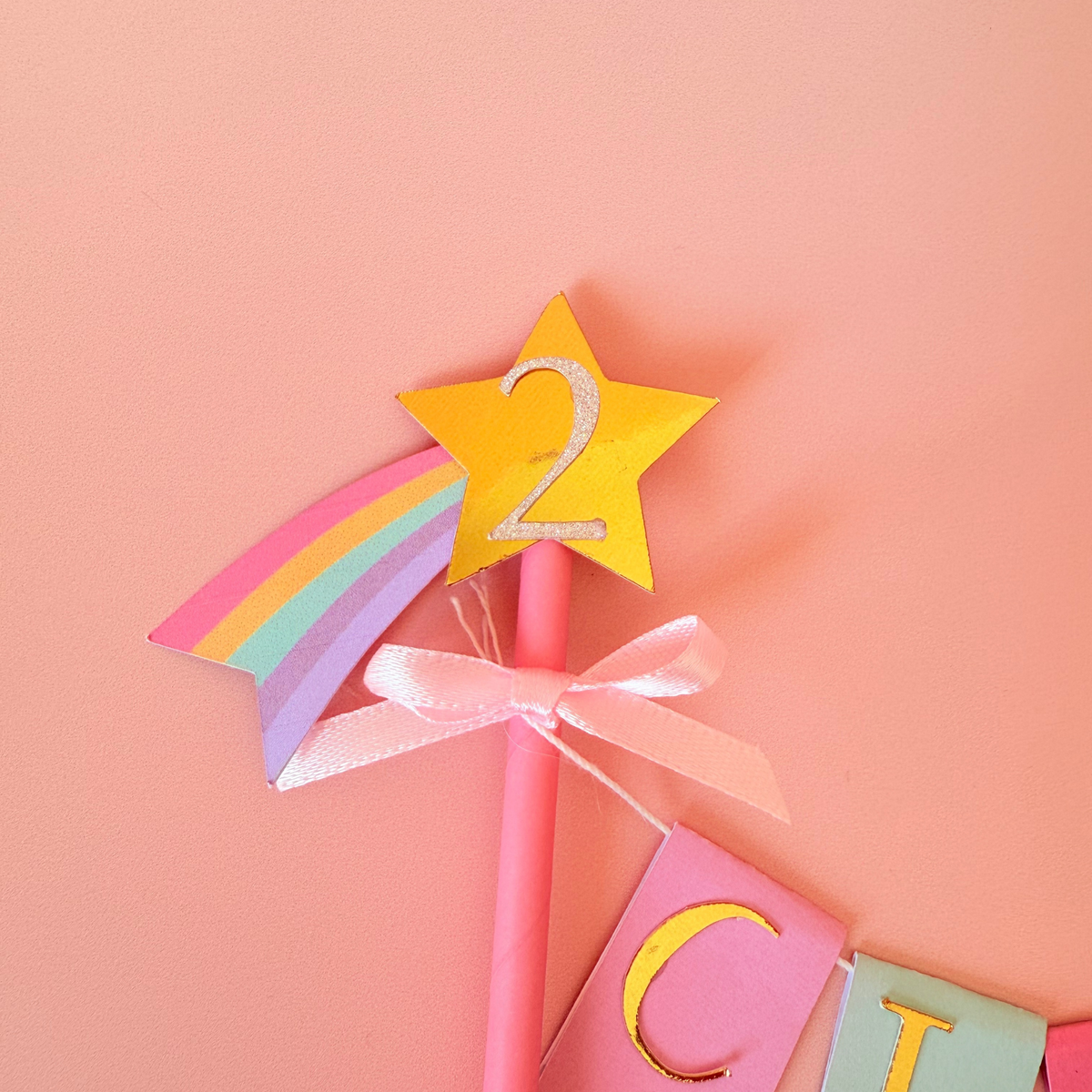 Personalised rainbow shooting star and unicorn birthday cake topper product photo 3