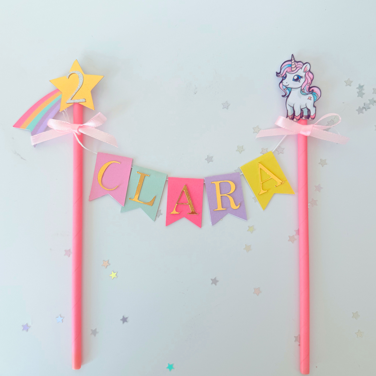 Personalised rainbow shooting star and unicorn birthday cake topper product photo 4