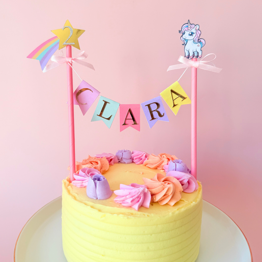 Personalised rainbow shooting star and unicorn birthday cake topper product photo