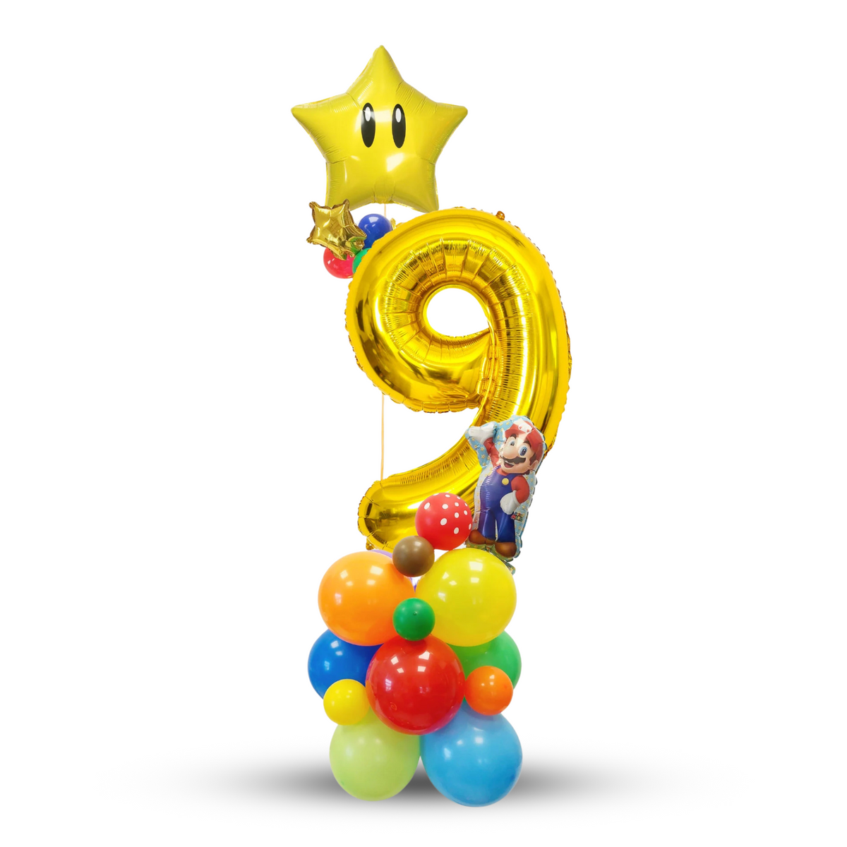 Personalised super Mario rainbow mushroom star balloon stack bouquet girls lifestyle photo