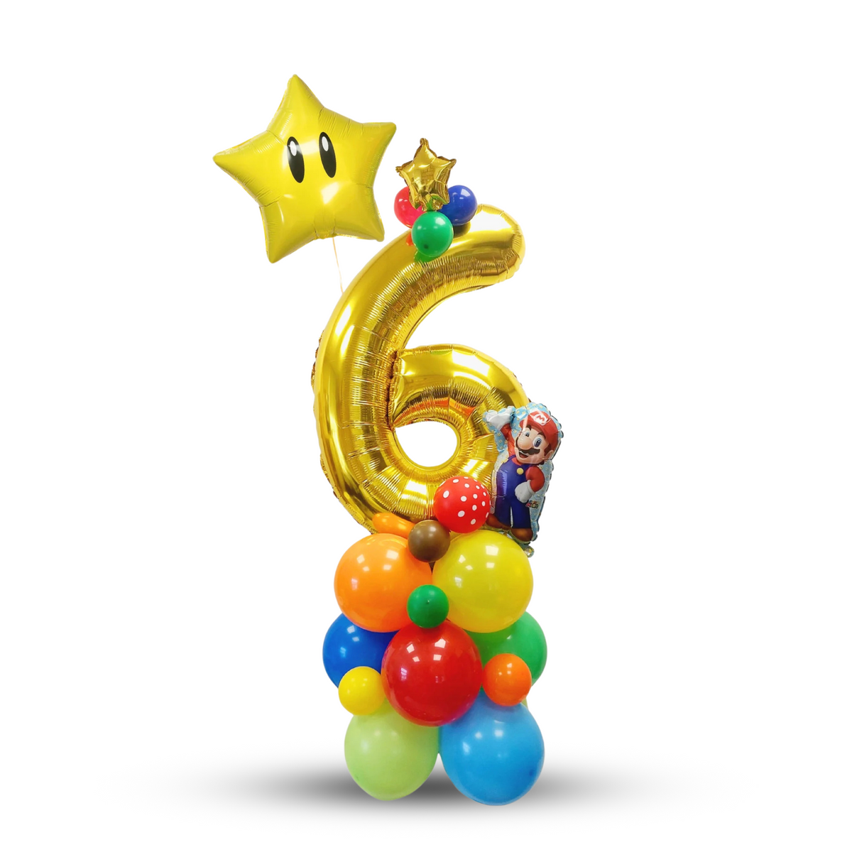 Personalised super Mario rainbow mushroom star balloon stack bouquet girls lifestyle photo