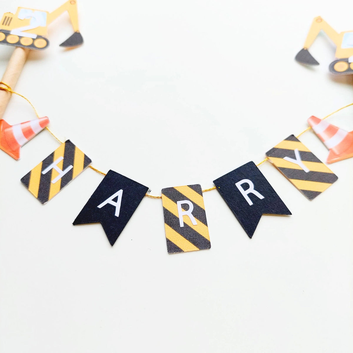 Personalised vehicle digger constructions birthday party paper flags cake topper product photo 3