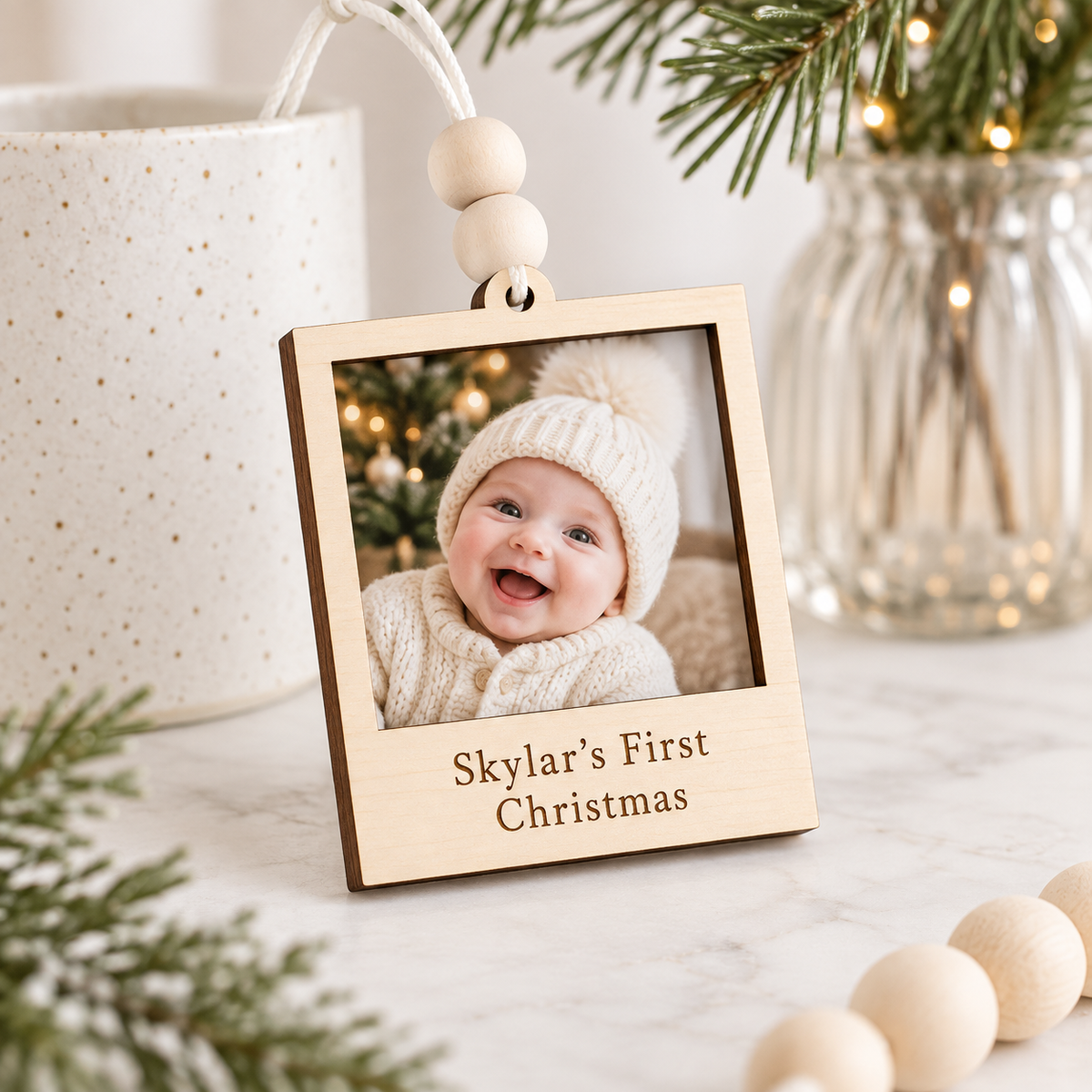 Personalised wooden Polaroid Christmas bauble baby photo engraved Skylar's First Christmas