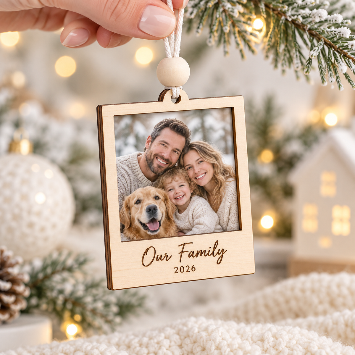 Personalised wooden Polaroid Christmas bauble with family photo engraved Our Family 2026