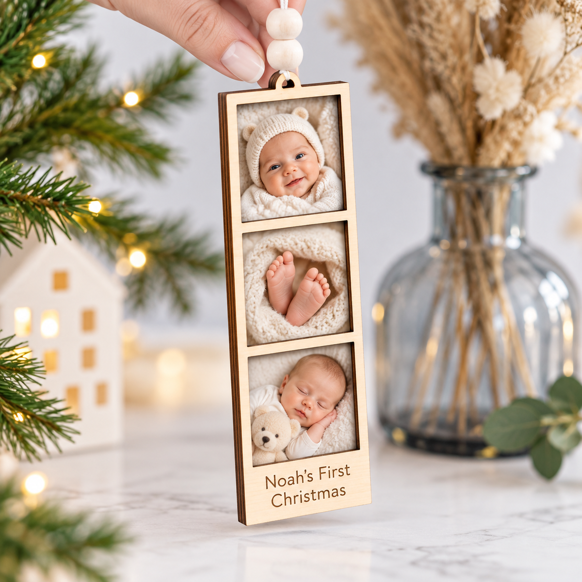 Personalised wooden film-strip Christmas bauble baby photos engraved Noah's First Christmas