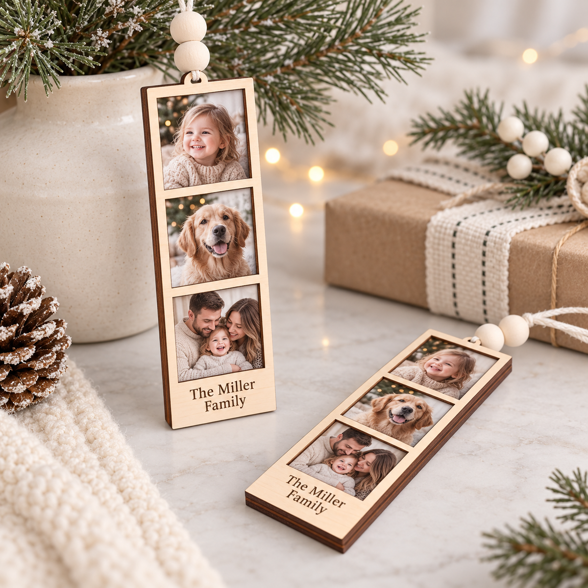 Personalised wooden film-strip Christmas bauble with three photos engraved The Miller Family