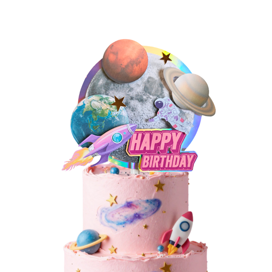 Pink and Purple Universe Space Rocket 3D effect cake topper pick handmade product photo