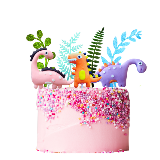 Pink purple orange clay Dinosaurs tropical glittery leaves Cake Topper set product photo