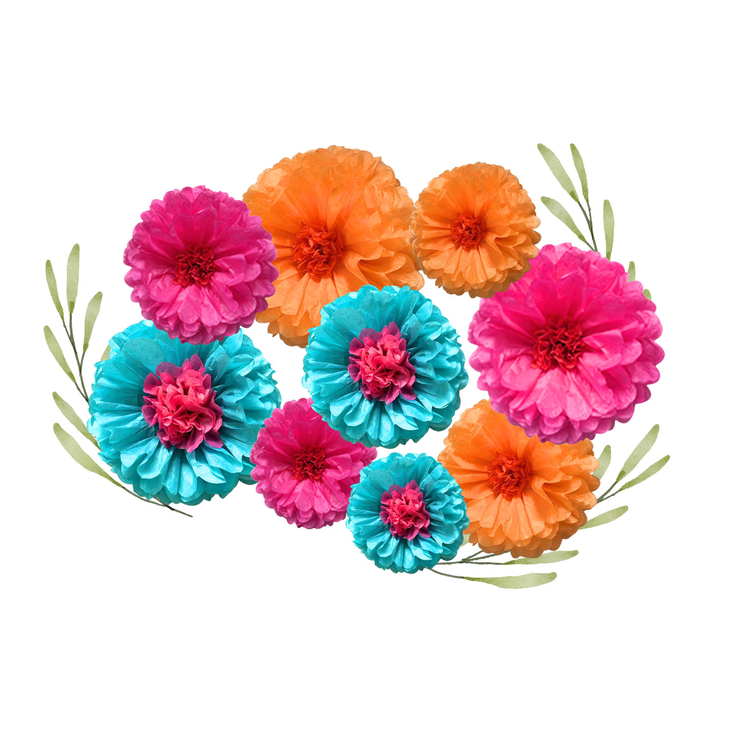 9-pack paper flowers pink orange blue 6-12inch