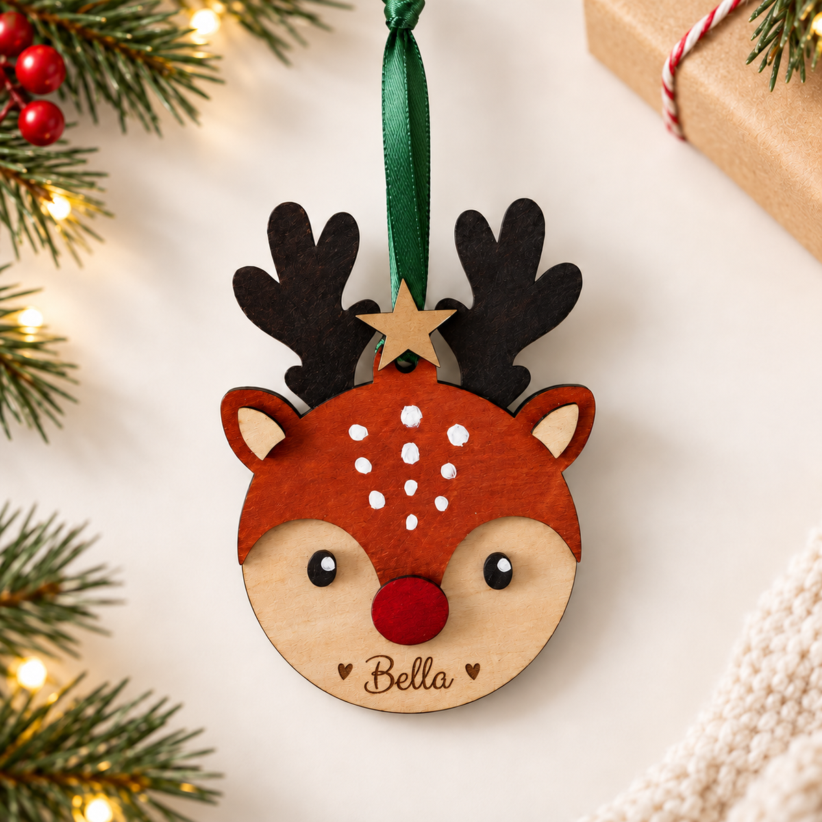 Personalised Reindeer Face Christmas Bauble