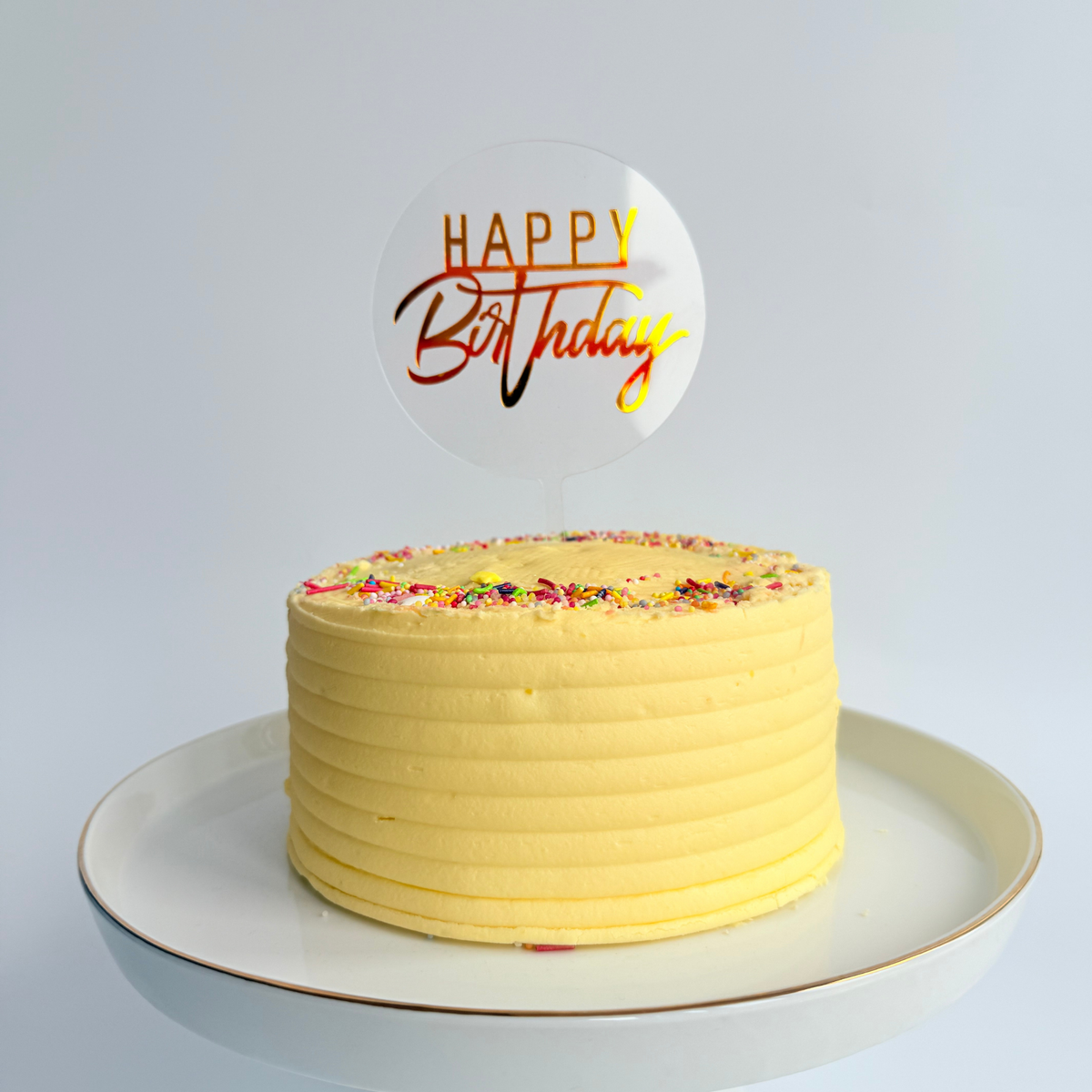 Simple gold acrylic 10cm round universal happy birthday cake topper product photo