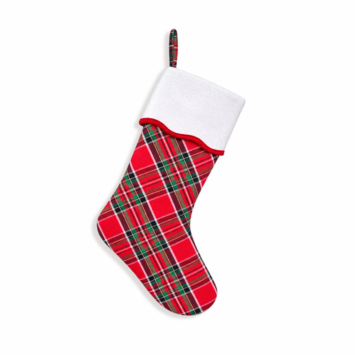 Classic red and green tartan Christmas stocking with a white plush cuff, red scalloped trim and tartan hanging loop