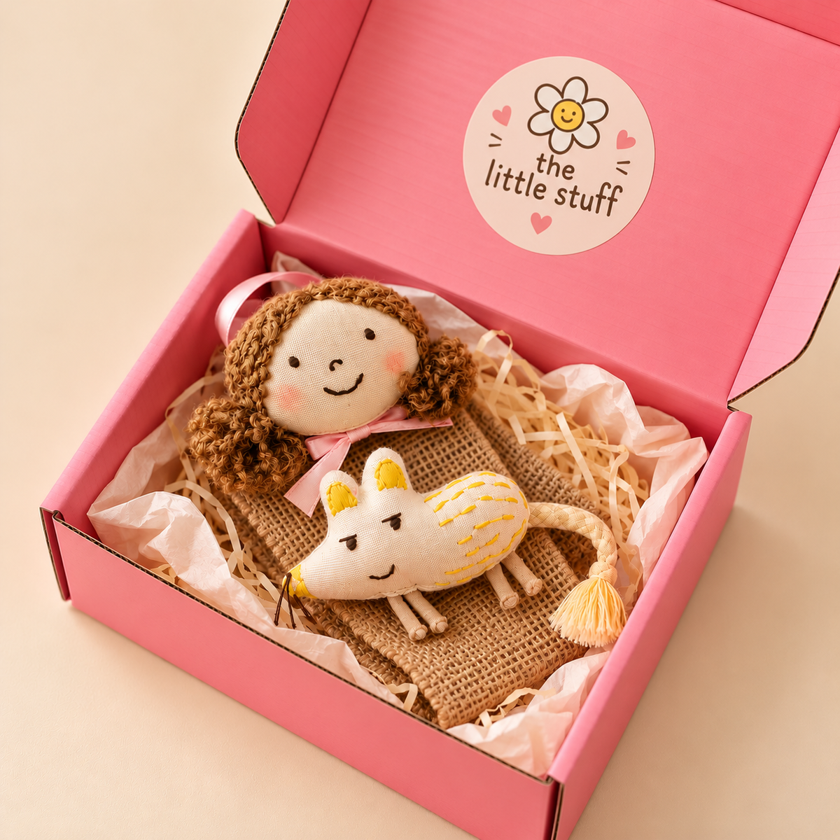Close-up of the hair bow holder gift box with The Little Stuff sticker, handmade doll head with pink bow, fabric mouse and jute strip