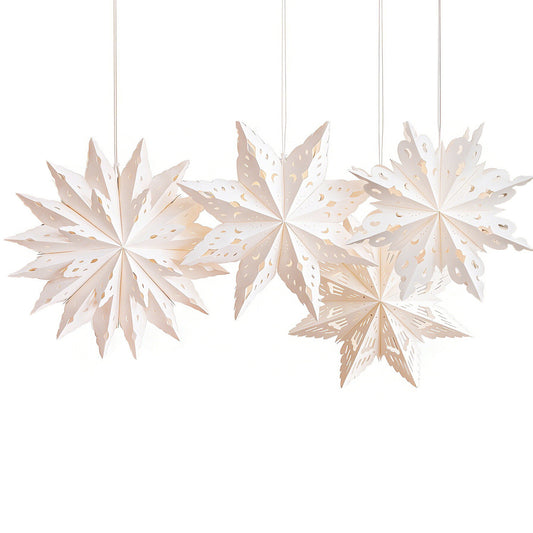 Set of 4 large white foldable 3D paper Christmas stars, each with a different cut-out design, hanging on a white background