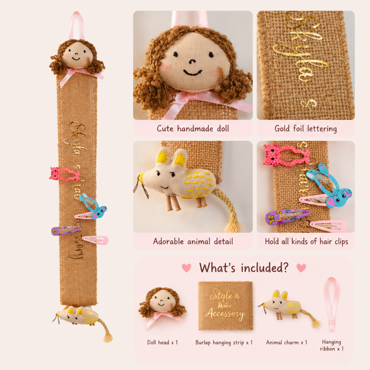Personalised hair accessories organiser on natural jute with the name Skyla in gold foil, a handmade doll head with curly brown hair and pink bow, a mouse charm and hair clips, plus what is included