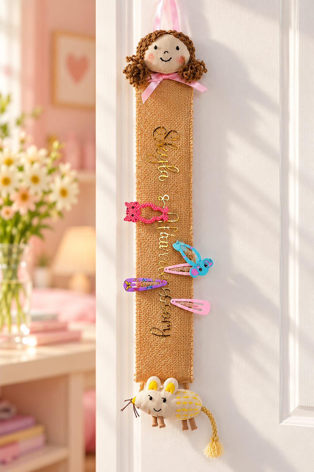 Personalised jute hair clip holder with gold name lettering hanging from a pink ribbon on a white bedroom door, holding colourful hair clips