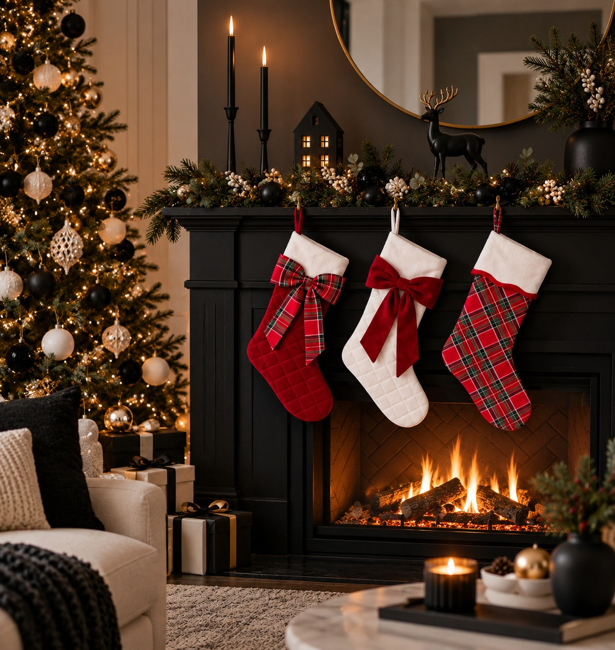 Red velvet, white velvet and tartan Christmas stockings hanging from a black fireplace mantel with a pine garland, candles and a lit Christmas tree