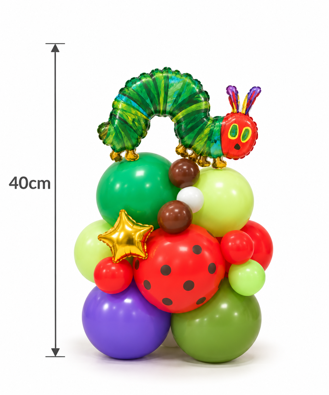 Ready-made Very Hungry Caterpillar table-top balloon bouquet tower from The Little Stuff, shown with a 40cm height arrow, a caterpillar foil balloon, a colourful balloon base and a gold star