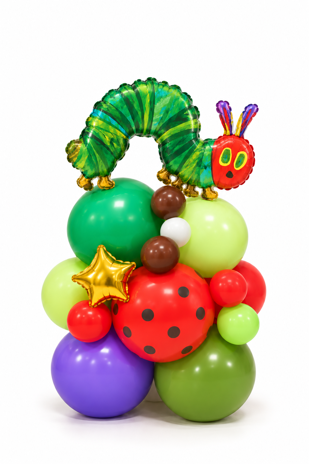 Ready-made Very Hungry Caterpillar table-top balloon bouquet tower from The Little Stuff, with a caterpillar foil balloon on a colourful latex balloon base and a gold star
