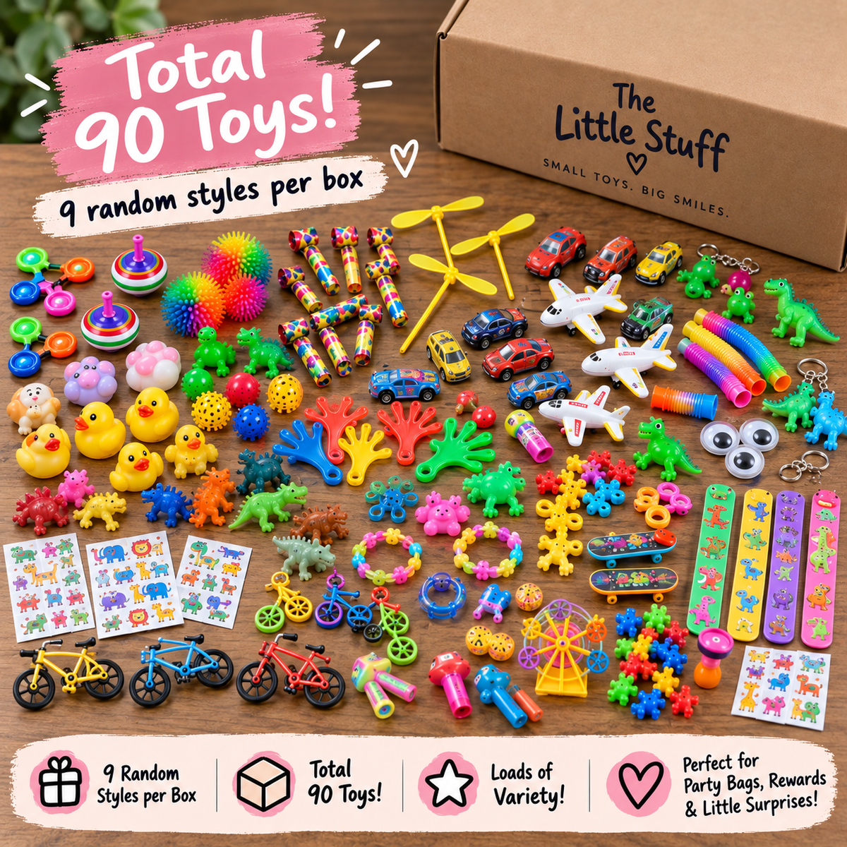 Party goody bag favour fillers – 90 assorted toys spread out