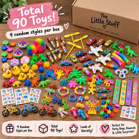 Party goody bag favour fillers – 90 assorted toys spread out