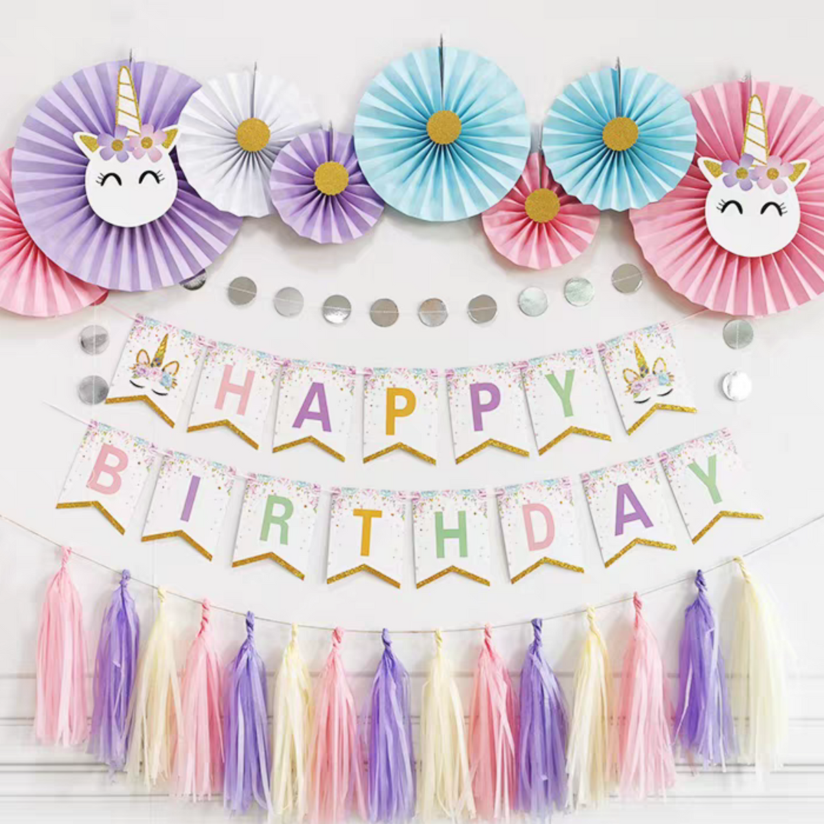 Unicorn fan tissue tassel bunting banner birthday decoration set product photo