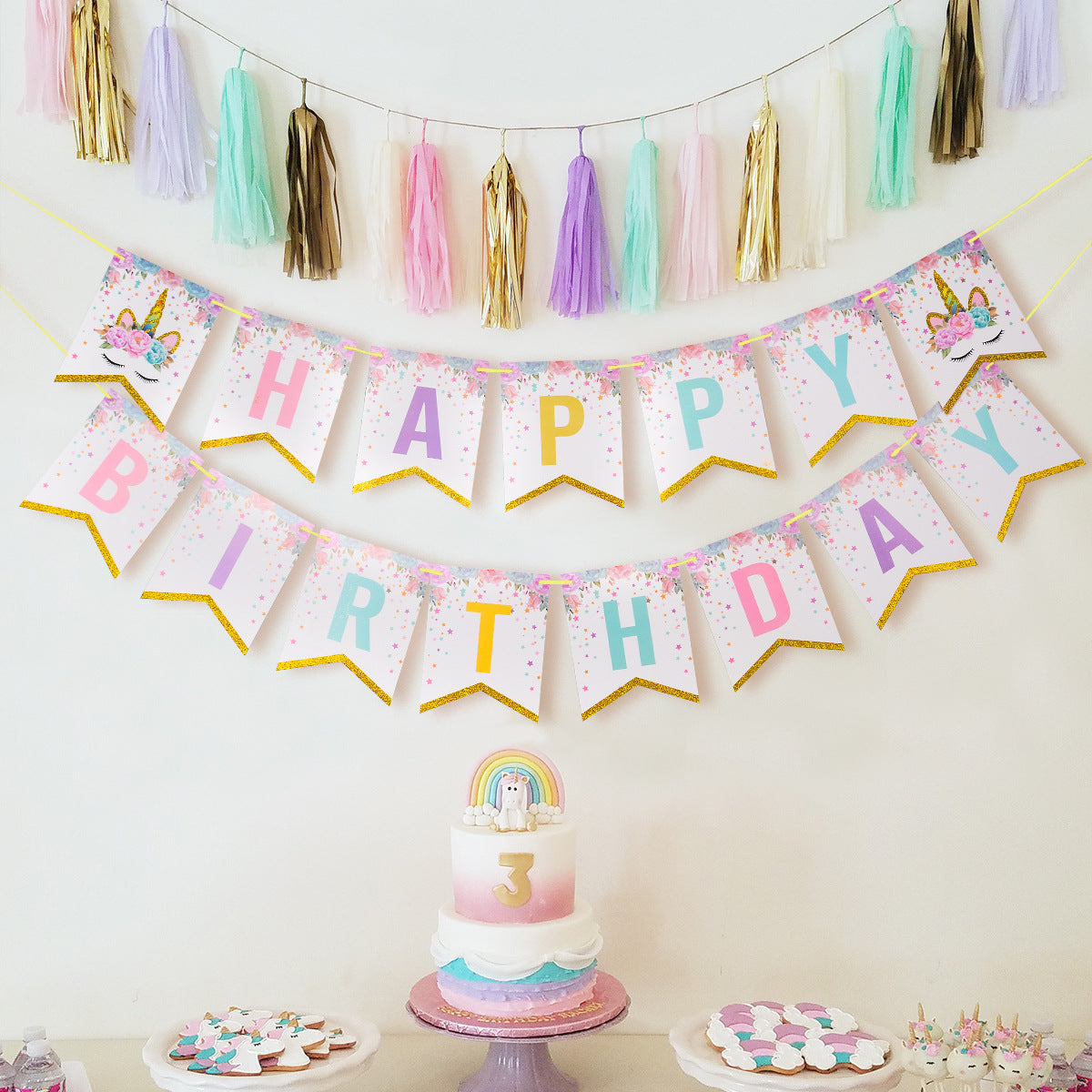 Unicorn gold tissue tassel bunting banner birthday decoration set product photo